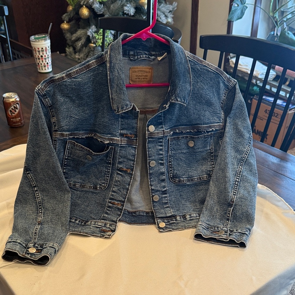 Signature‎ by Levi Strauss & Co Womens Blue Denim Cropped Trucker Jacket L Large